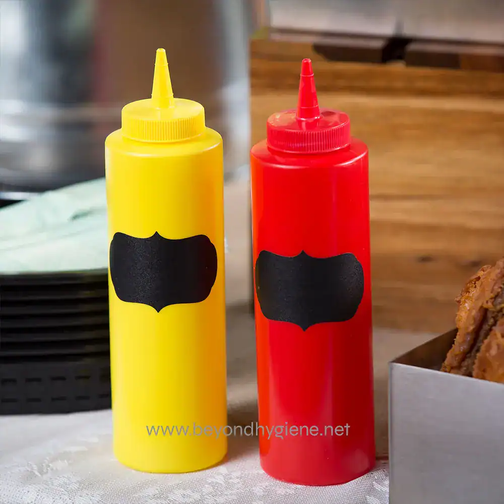 6 Colorful ketchup and mustard squeeze bottles on a table, ready for serving food at a restaurant or buffet, emphasizing hygiene and food safety.