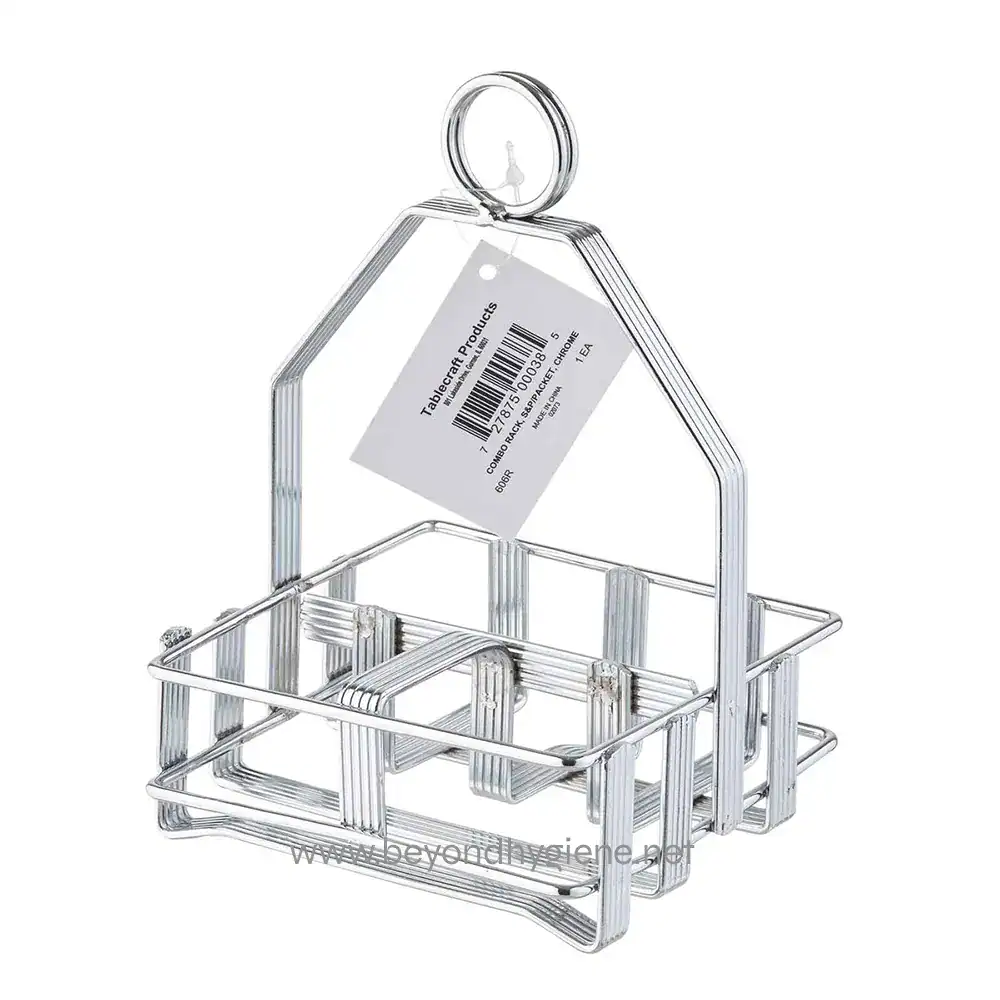 6 Stacked metallic bathroom and kitchen storage basket with tag, designed for organization and hygiene. Ideal for commercial or residential use, easy to clean and durable.