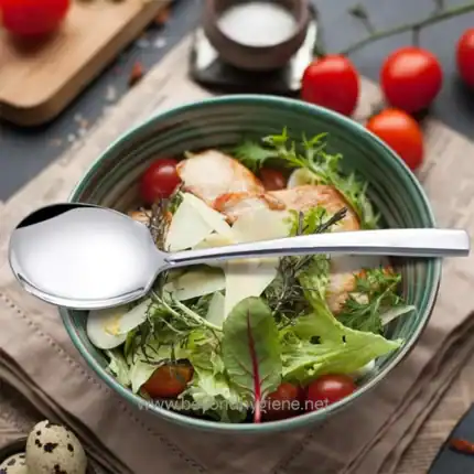 Fresh mixed salad with cherry tomatoes, cheese slices, greens, and a silver spoon in a ceramic bowl, served on a rustic surface with herbs and vegetables in the background.