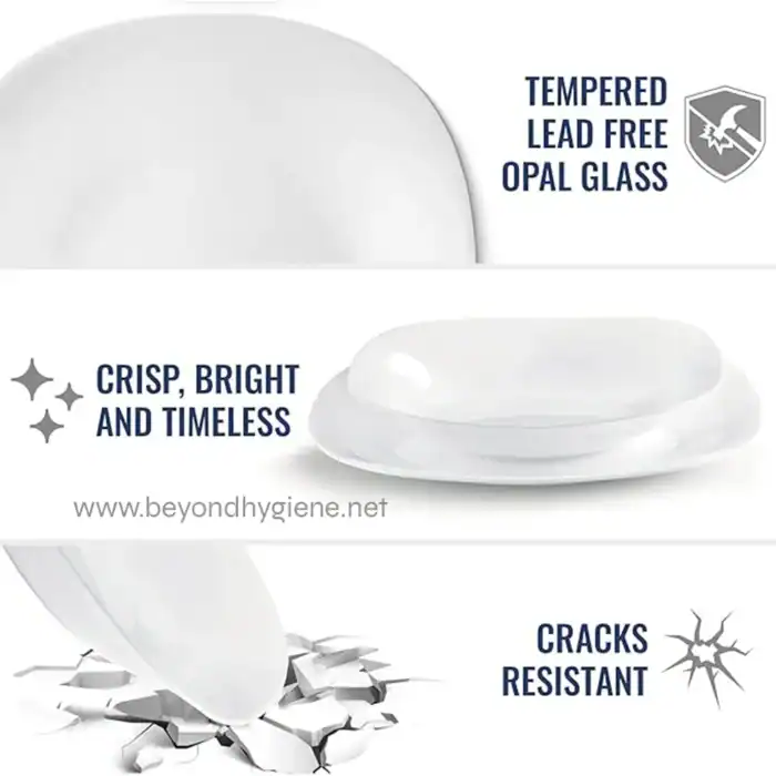 High-quality tempered lead-free opal glass plate, durable, crack resistant, and perfect for hygienic environments.