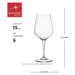 Elegant clear wine glass with 15 oz capacity, 8.5-inch height and 3.5-inch diameter, ideal for hospitality and event settings. Perfect for clean, hygienic event environments.