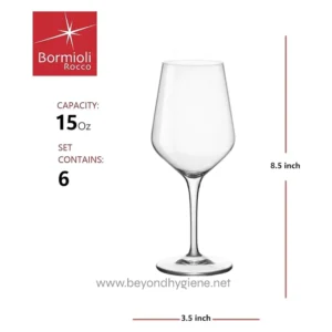 Elegant clear wine glass with 15 oz capacity, 8.5-inch height and 3.5-inch diameter, ideal for hospitality and event settings. Perfect for clean, hygienic event environments.