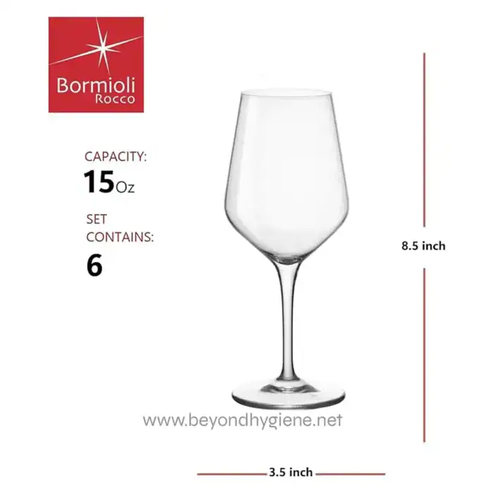 Elegant clear wine glass with 15 oz capacity, 8.5-inch height and 3.5-inch diameter, ideal for hospitality and event settings. Perfect for clean, hygienic event environments.