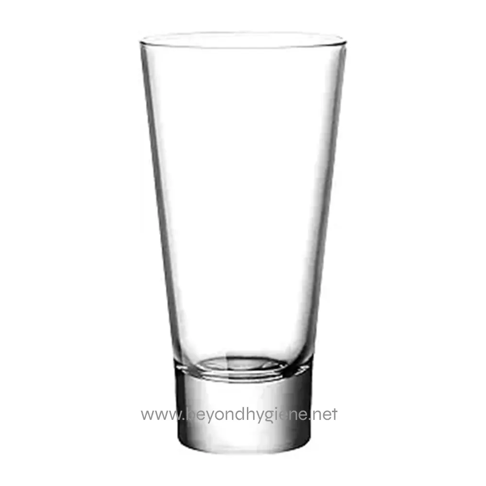 Sleek transparent glass tumbler for beverages, ideal for hospitality and office settings, emphasizing hygiene and quality in drinking glassware.