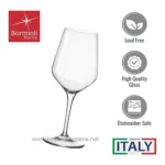 Clear high-quality wine glass, lead-free and dishwasher safe, made in Italy, perfect for sophisticated dining and entertaining.