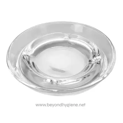 Bright, clear glass ashtray with a sleek design, ideal for outdoor and indoor settings, emphasizing hygiene and cleanliness. Perfect for commercial and residential use, promoting a hygienic environment.