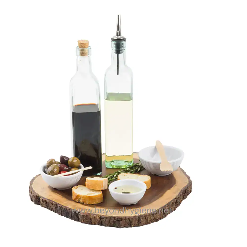 7 Liquid soap and hand sanitizer bottles on a wooden tray with snacks and olive oil, emphasizing hygiene and sanitation products for health safety.