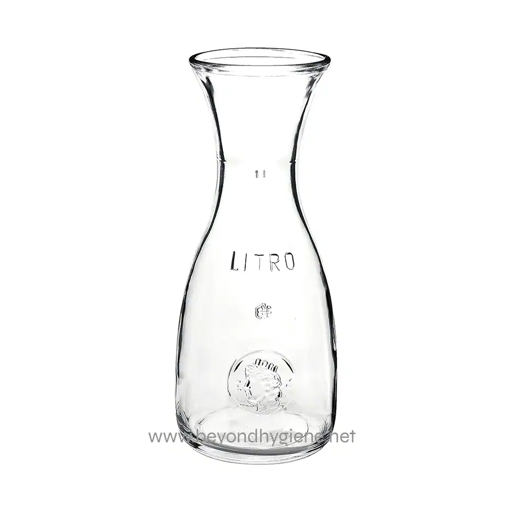 Glass laboratory conical flask with measurement markings, used in scientific experiments and industrial hygiene testing. Clear glass, one-liter capacity, with a narrow neck for precise pouring.