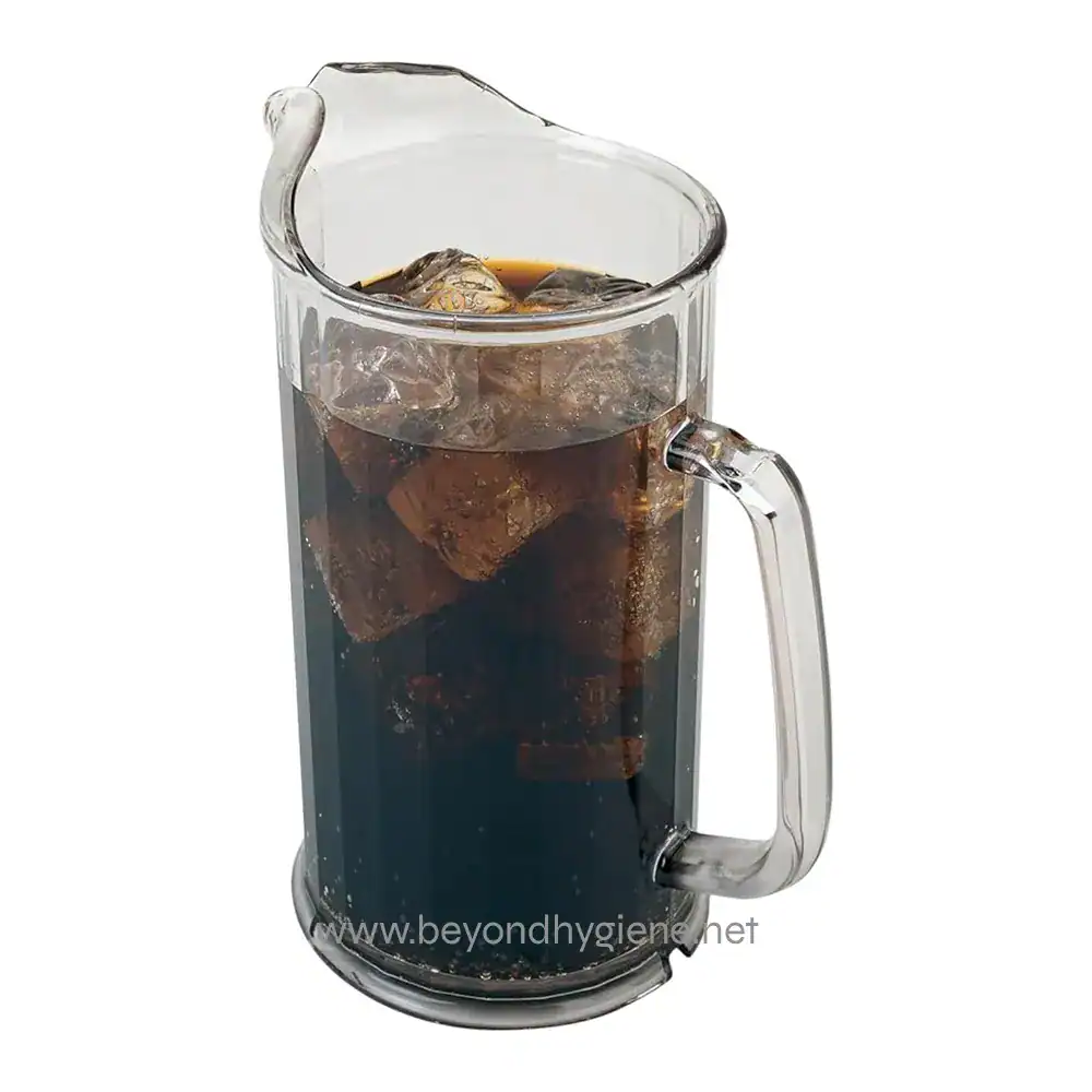 Cold glass of cola with ice cubes, transparent pitcher, and handles for beverage service. Perfect for catering, hospitality, and refreshment needs, highlighting professional drink presentation.