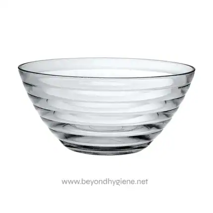 Clear glass salad bowl with a modern spiral design, ideal for dining and presentation. Perfect for salads, fruits, or serving dishes, combining elegance and functionality for Asian and international cuisine settings.