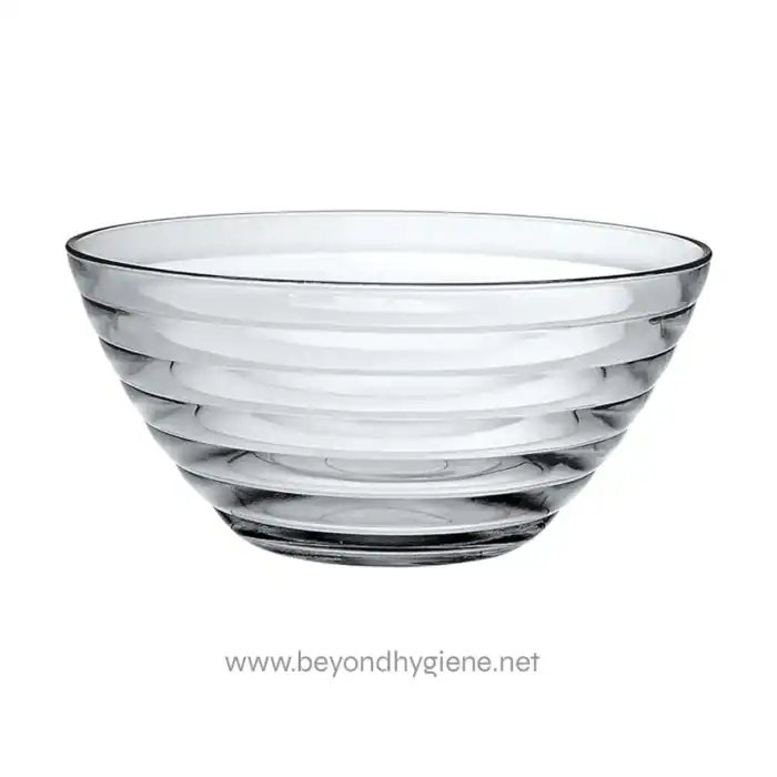 Clear glass salad bowl with a modern spiral design, ideal for dining and presentation. Perfect for salads, fruits, or serving dishes, combining elegance and functionality for Asian and international cuisine settings.