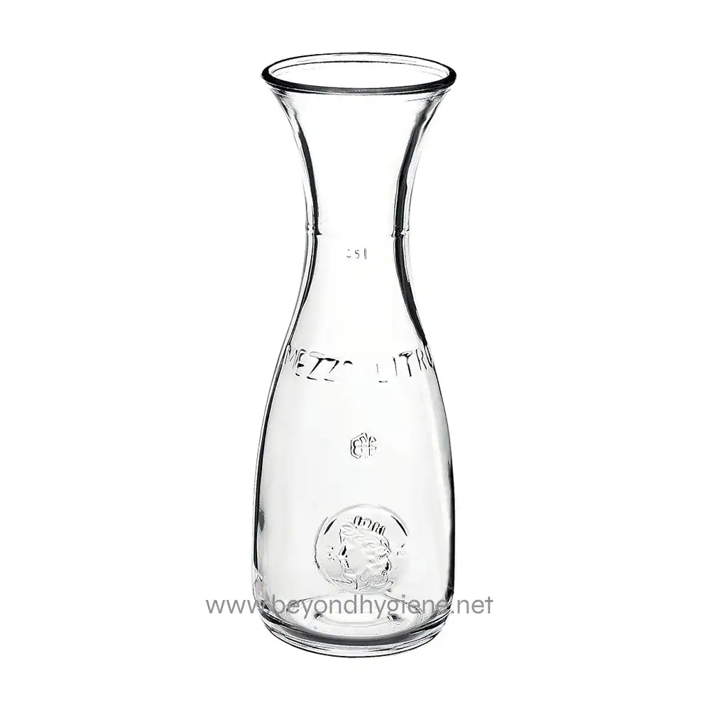 Clear glass carafe for beverages, elegant and versatile drink container, suitable for water, juice, or wine, ideal for hospitality and catering settings, showcasing modern design and transparency.