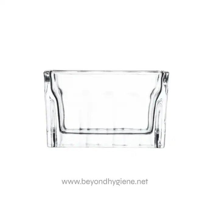 Clear glass sanitizer or soap dispenser container for hygiene and sanitation purposes.