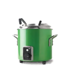 Green commercial food steamer for restaurant with adjustable temperature control.