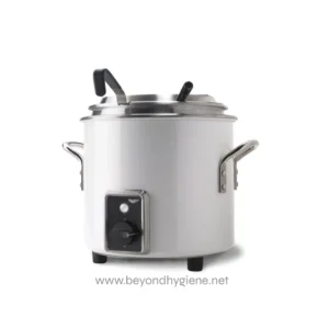 Stainless steel commercial food warmer or cooker with temperature control knob cleaner for professional kitchens.