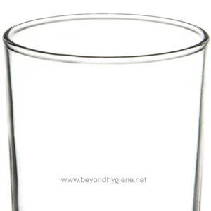 Clear glass tumbler for hygiene and sterilization products, representing cleanliness and sanitation services in Asia from Beyond Hygiene.