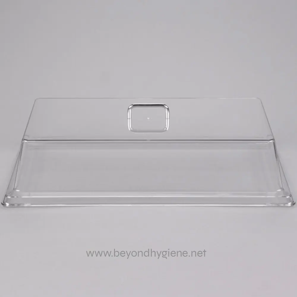 Clear acrylic hand sanitizer dispenser cover for hygiene and sanitation purposes.