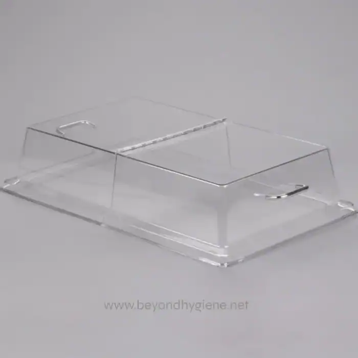 Clear acrylic sneeze guard for hygiene protection in food and service areas.