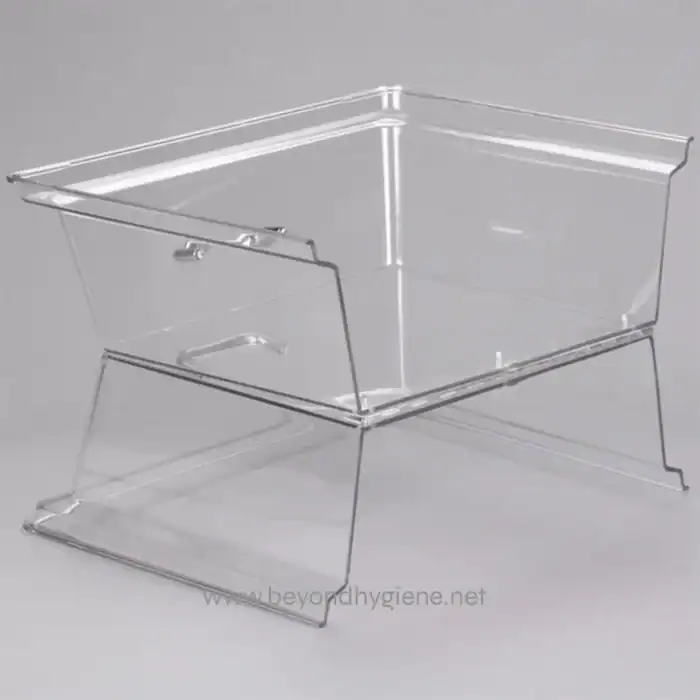 Clear acrylic disinfectant or sanitizer holder for hygiene stations, durable transparent design for easy visibility and safety, ideal for healthcare and public environments.