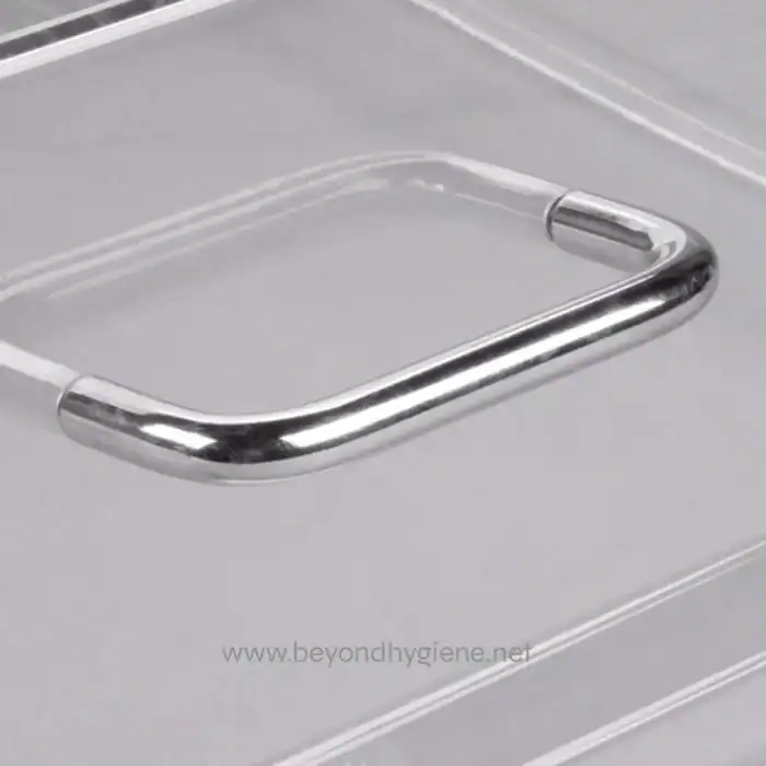 Stainless steel handle attached to a gray door, commonly found on hygiene or sterilization carts. Durable, rust-resistant, and easy to clean, ideal for maintaining hygiene standards in healthcare or food service settings.