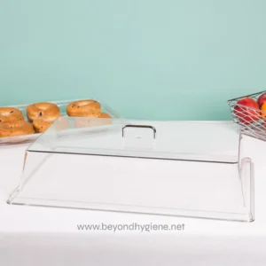 Dispenser cover for food hygiene, transparent plastic food cover for bakery products, catering, and food safety in Asian markets.