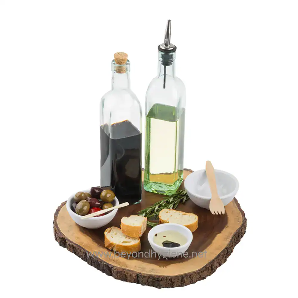 8 Olive oil, balsamic vinegar, and condiments on a wooden serving board with bread, herbs, and olives, representing gourmet food presentation and culinary condiments for restaurants or kitchens.