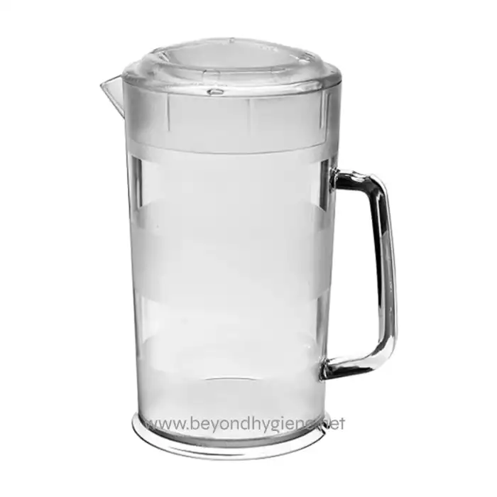 Stainless steel water pitcher with a handle, used for providing clean drinking water in hygiene and sanitation settings.