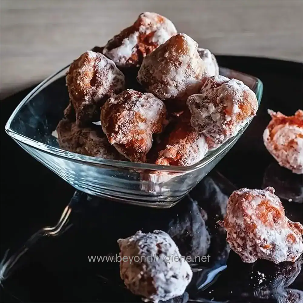 81CMenuqovL._AC_SX679_ Sugary, powdered donuts dusted with flour in a glass bowl, ready to serve.