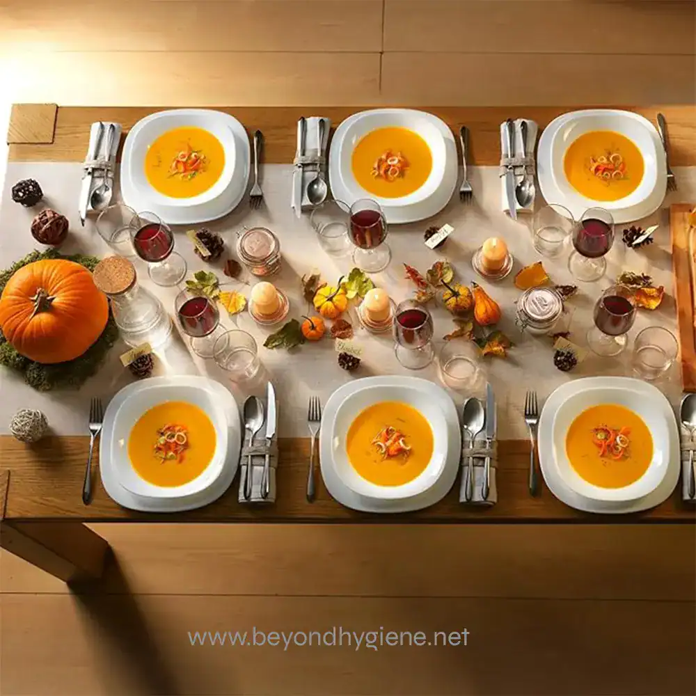 81x5G374zjL._AC_SX679_ Pumpkin-themed dinner table setup with fall decorations, gourds, and candles for a festive autumn meal. Perfect for seasonal events, holiday celebrations, and cozy gatherings.
