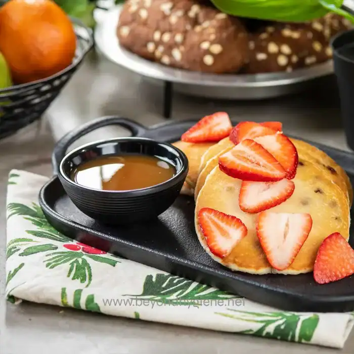 Sweet strawberry-topped pancakes with syrup, served on a black tray for a delightful breakfast or snack. Perfect for cafes focusing on fresh, quality food and hygiene standards.