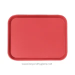 Red plastic tray used for food service and hygiene purposes, providing a durable and hygienic surface. Ideal for food presentation, catering, or sanitation environments in Asia.