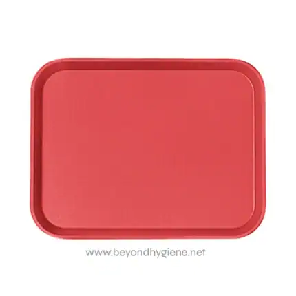 Red plastic tray used for food service and hygiene purposes, providing a durable and hygienic surface. Ideal for food presentation, catering, or sanitation environments in Asia.