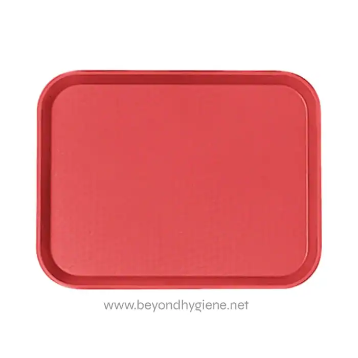 Red plastic tray used for food service and hygiene purposes, providing a durable and hygienic surface. Ideal for food presentation, catering, or sanitation environments in Asia.