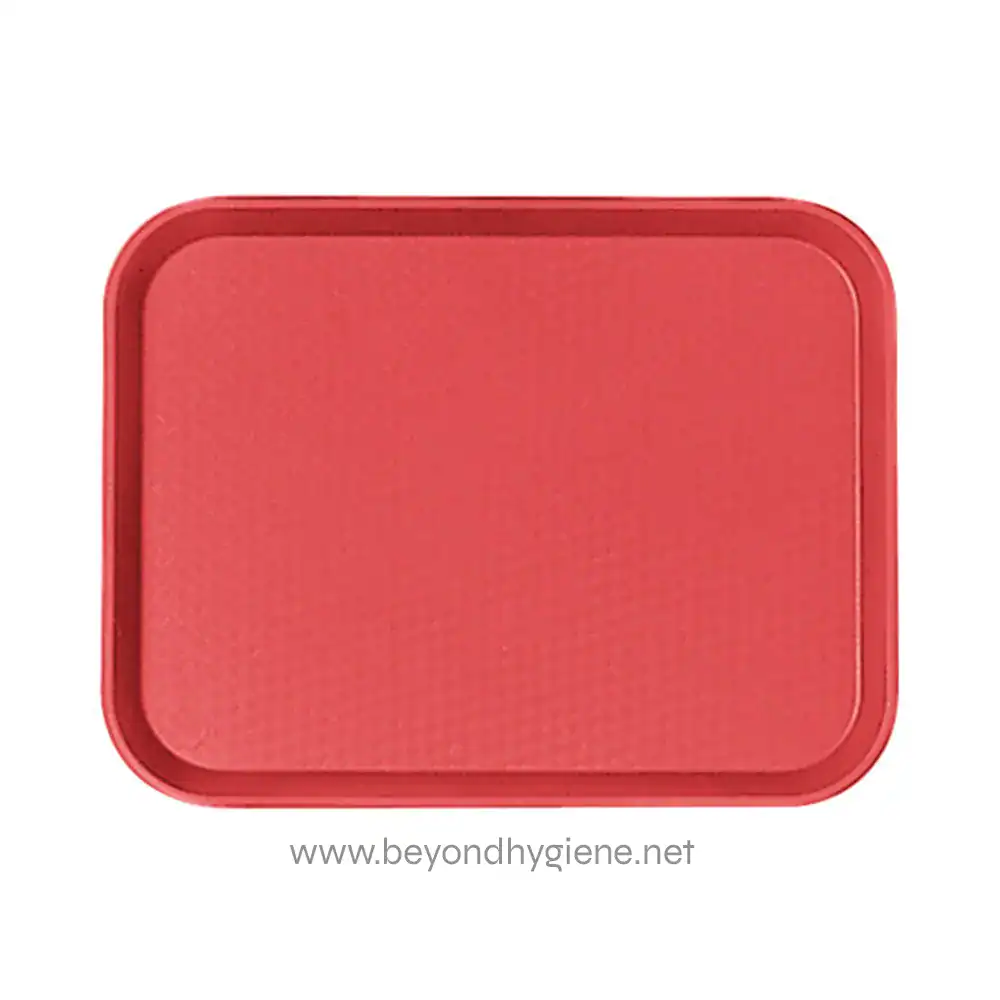 918479 Red plastic tray used for food service and hygiene purposes, providing a durable and hygienic surface. Ideal for food presentation, catering, or sanitation environments in Asia.