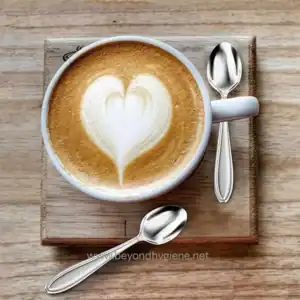 Steaming coffee cup with latte art heart design on wooden tray, paired with metal spoons, in a cozy café setting, emphasizing hygiene and quality beverages from Beyond Hygiene Asia.