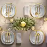 Elegant dining table setup with gold cutlery and white plates, perfect for special occasions or upscale events, highlighting hygiene and luxury standards.
