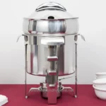 Stainless steel soup warmer and food serving urn, ideal for catering, events, and hospitality environments, ensuring hot food presentation and hygiene.