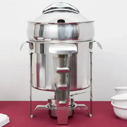Stainless steel soup warmer and food serving urn, ideal for catering, events, and hospitality environments, ensuring hot food presentation and hygiene.