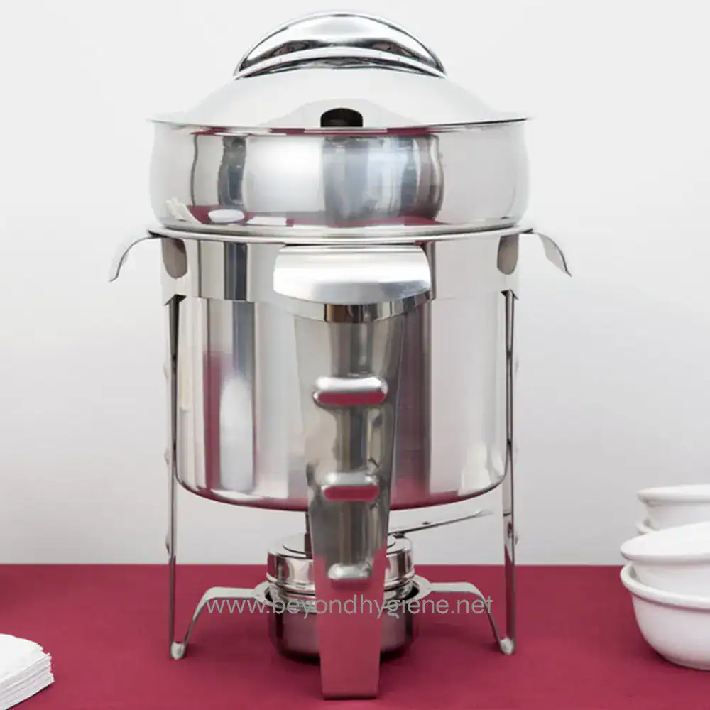 Stainless steel soup warmer and food serving urn, ideal for catering, events, and hospitality environments, ensuring hot food presentation and hygiene.