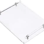 Acrylic display stand with metal hinges, ideal for showcasing products or promotional materials in retail or trade show environments.