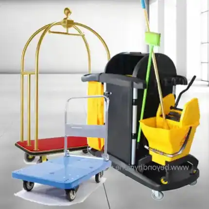 Linen and trolley cleaning cart with mop bucket, service carts, and luggage trolley for hotel housekeeping and cleaning services.