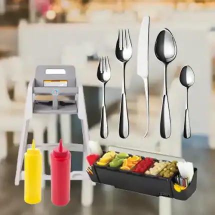 Brightly lit outdoor dining setup with stainless steel cutlery, condiment bottles, and a salad container, showcasing hygiene-focused restaurant or catering hygiene solutions.
