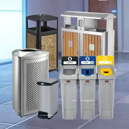Heavy-duty waste bins and recycling stations for commercial and public spaces, promoting sanitation and waste management under Beyond Hygiene Asia.