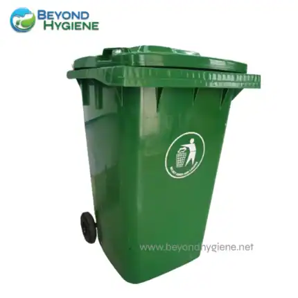 Green outdoor waste collection bin with lid, designed for waste disposal and recycling, featuring a "Keep Clean and Tidy" graphic for sanitation and cleanliness.