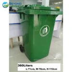 Yellow and black waste bin for disposal of ashes and non-combustible waste, with capacity of 360 liters, located in an indoor setting at Beyond Hygiene Asia.