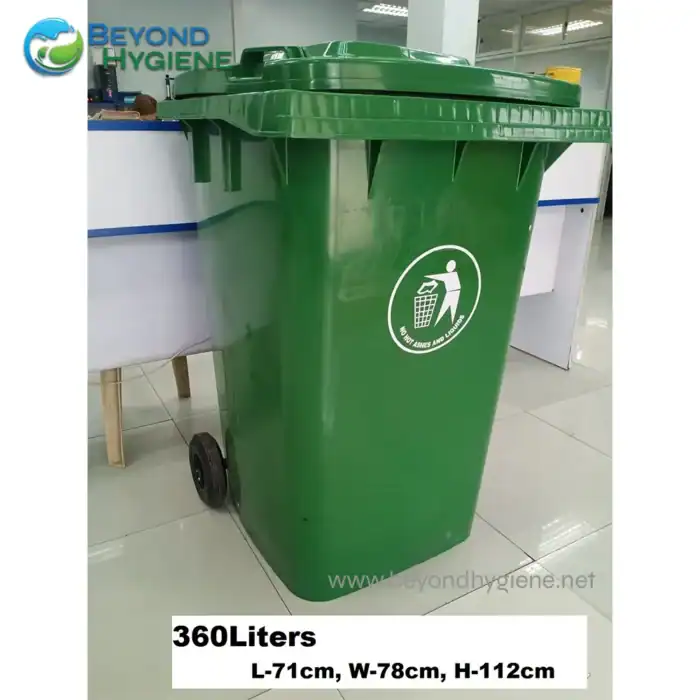 Yellow and black waste bin for disposal of ashes and non-combustible waste, with capacity of 360 liters, located in an indoor setting at Beyond Hygiene Asia.