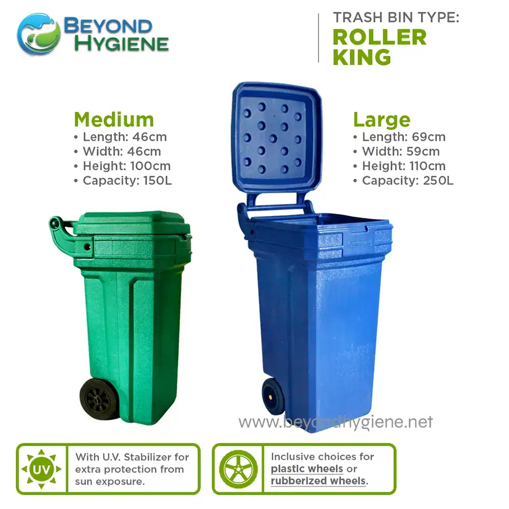 Green Care Roller King Green_2 Green trash bin, medium size, 46cm x 46cm x 100cm, 150L capacity, suitable for commercial use, durable plastic with UV stabilizer, eco-friendly waste disposal solution.