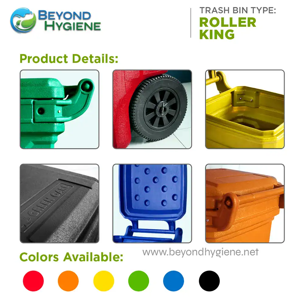 Green Care Roller King Green_3 Green trash bin roller wheel for waste disposal. Durable and easy to move, ideal for commercial and industrial trash management. Available in multiple colors including red, orange, yellow, green, blue, and black.