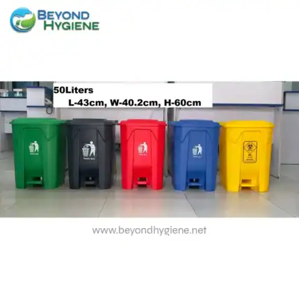 Green, black, red, blue, yellow recycling trash bins for waste separation and disposal. Durable and hygienic containers ideal for commercial and public spaces.