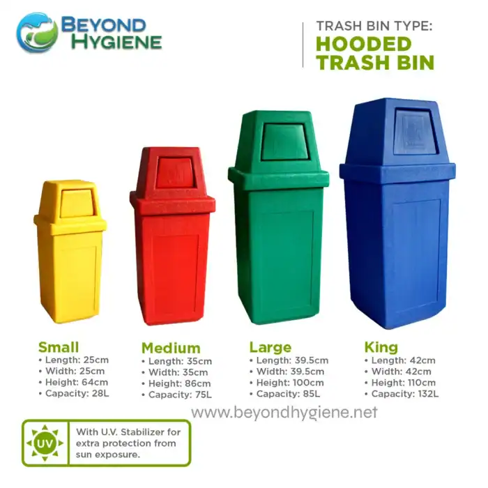 Yellow, red, green, and blue hooded trash bins with varying sizes and capacities, designed for efficient waste disposal and hygiene. Suitable for commercial spaces, featuring UV stabilization for added protection against sun exposure.